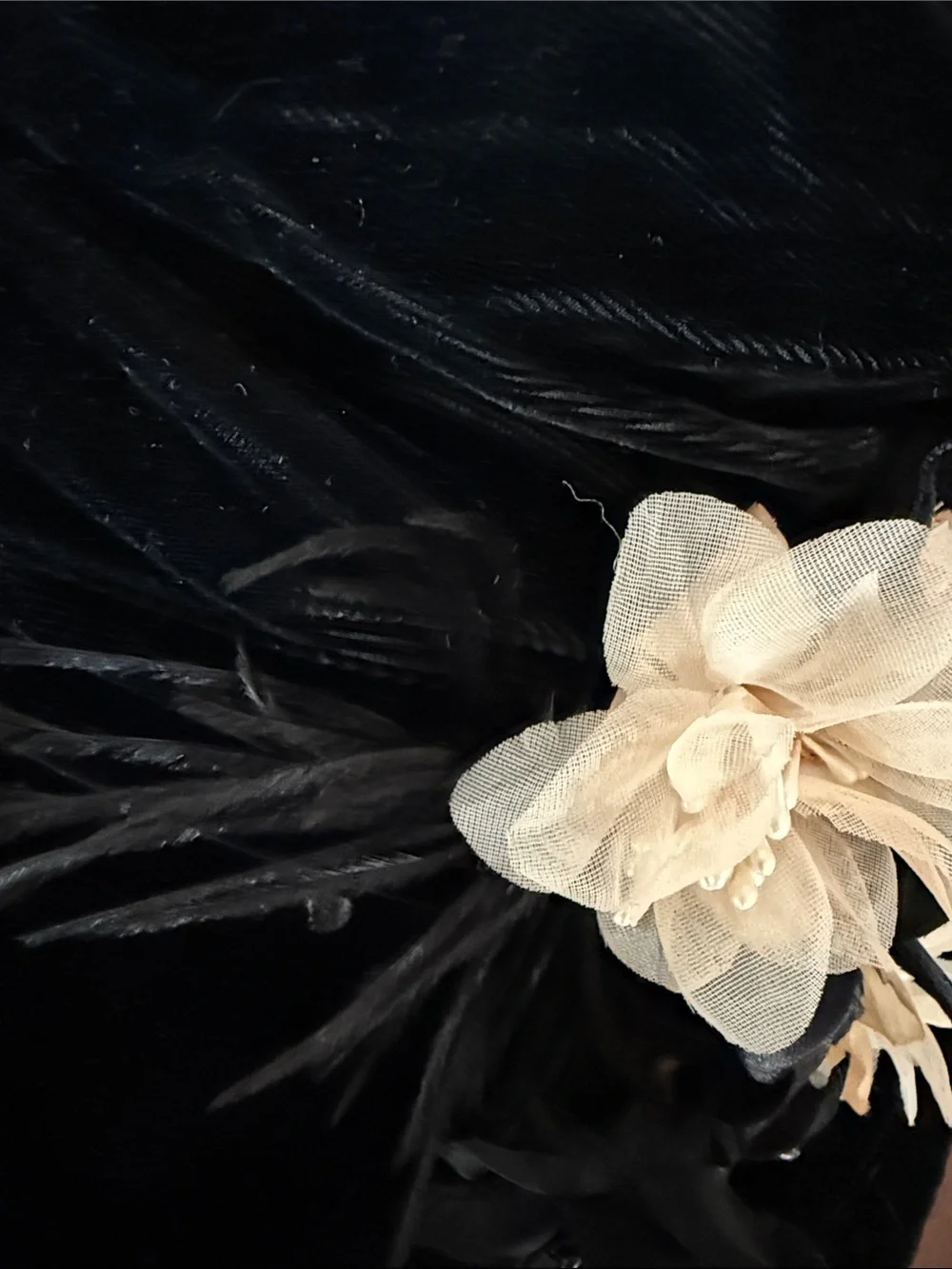Vintage Hooray Henri Black Velvet Hat with Floral Accents and Gold Cameo